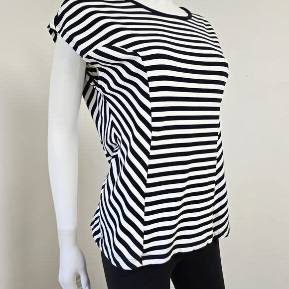 CAbi Knit Top Size M Illusion Black White Stripe Short Sleeve French Terry #6337 - Picture 4 of 8